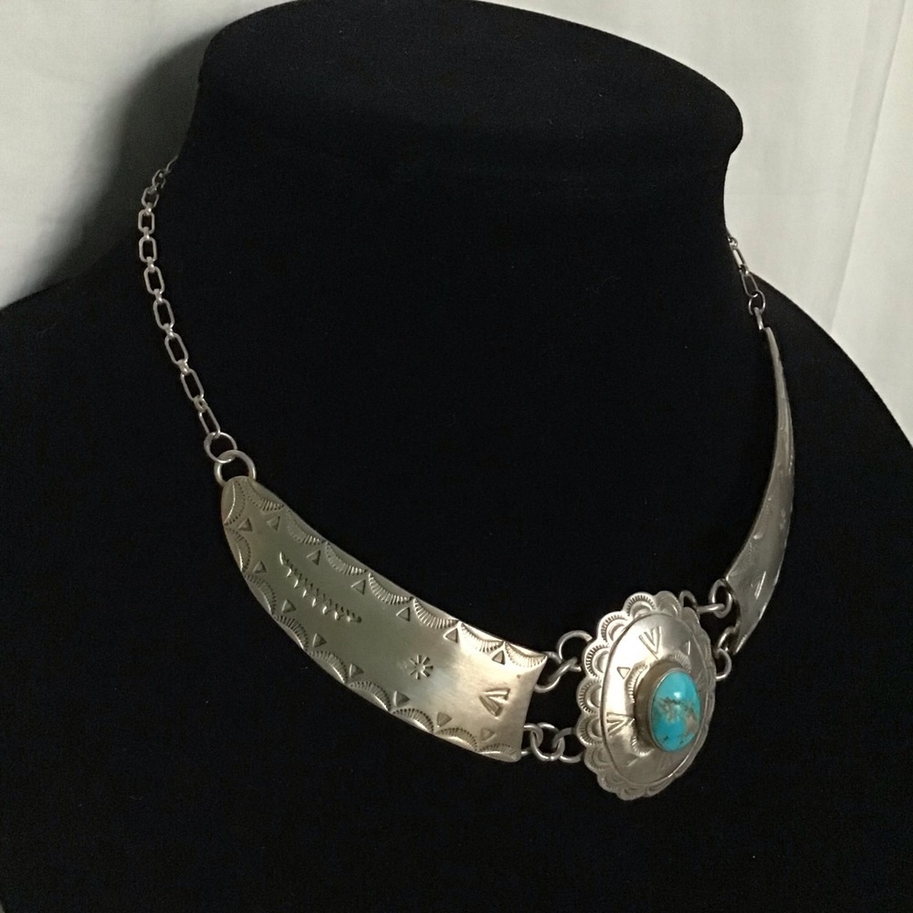 Vintage sterling silver Turquoise Concho Necklace - Picture 8 of 14